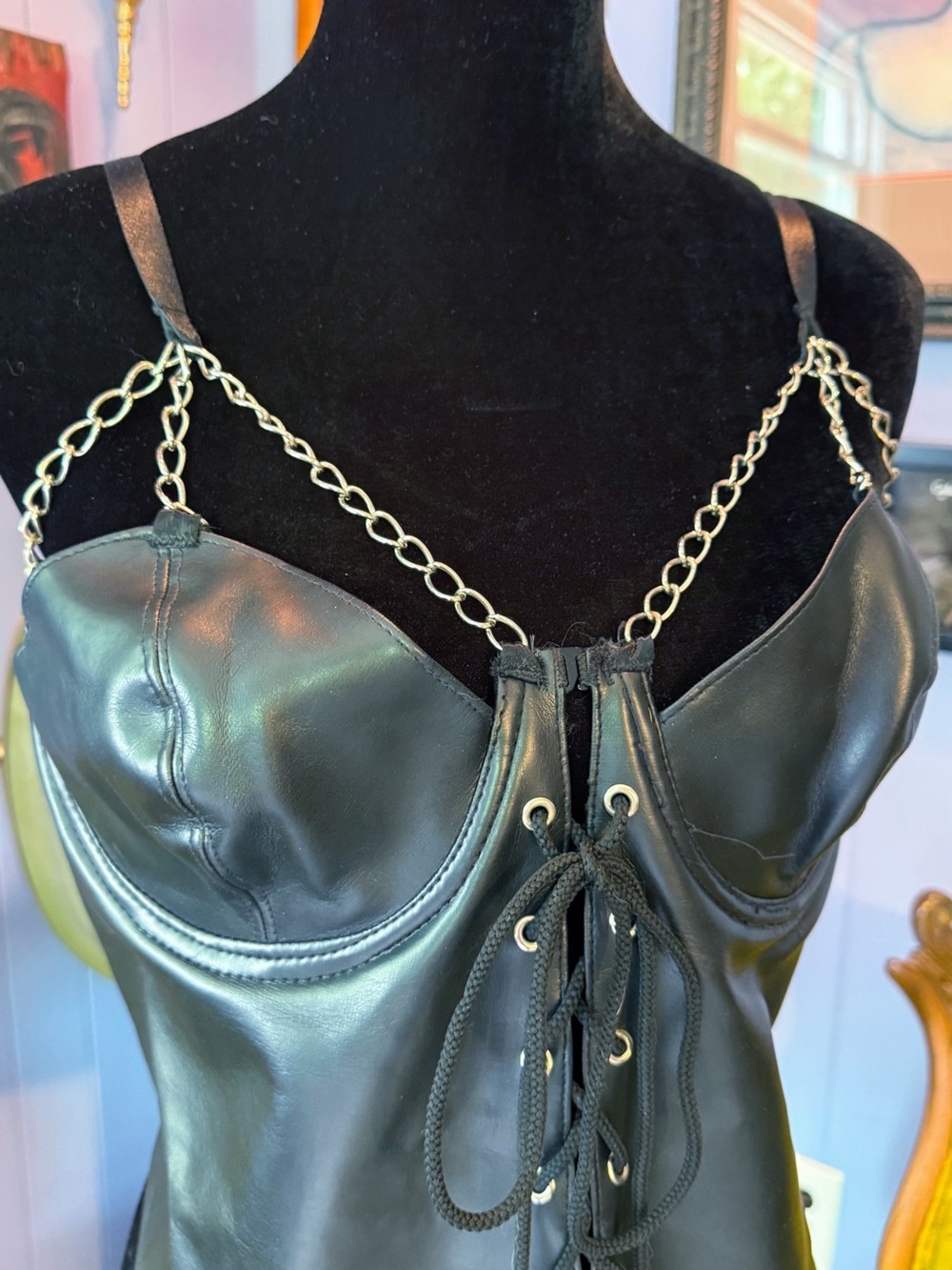 Vtg 90s Intimate Attitudes Faux Leather Goth Punk Babydoll Nightwear Bodysuit - Picture 3 of 10
